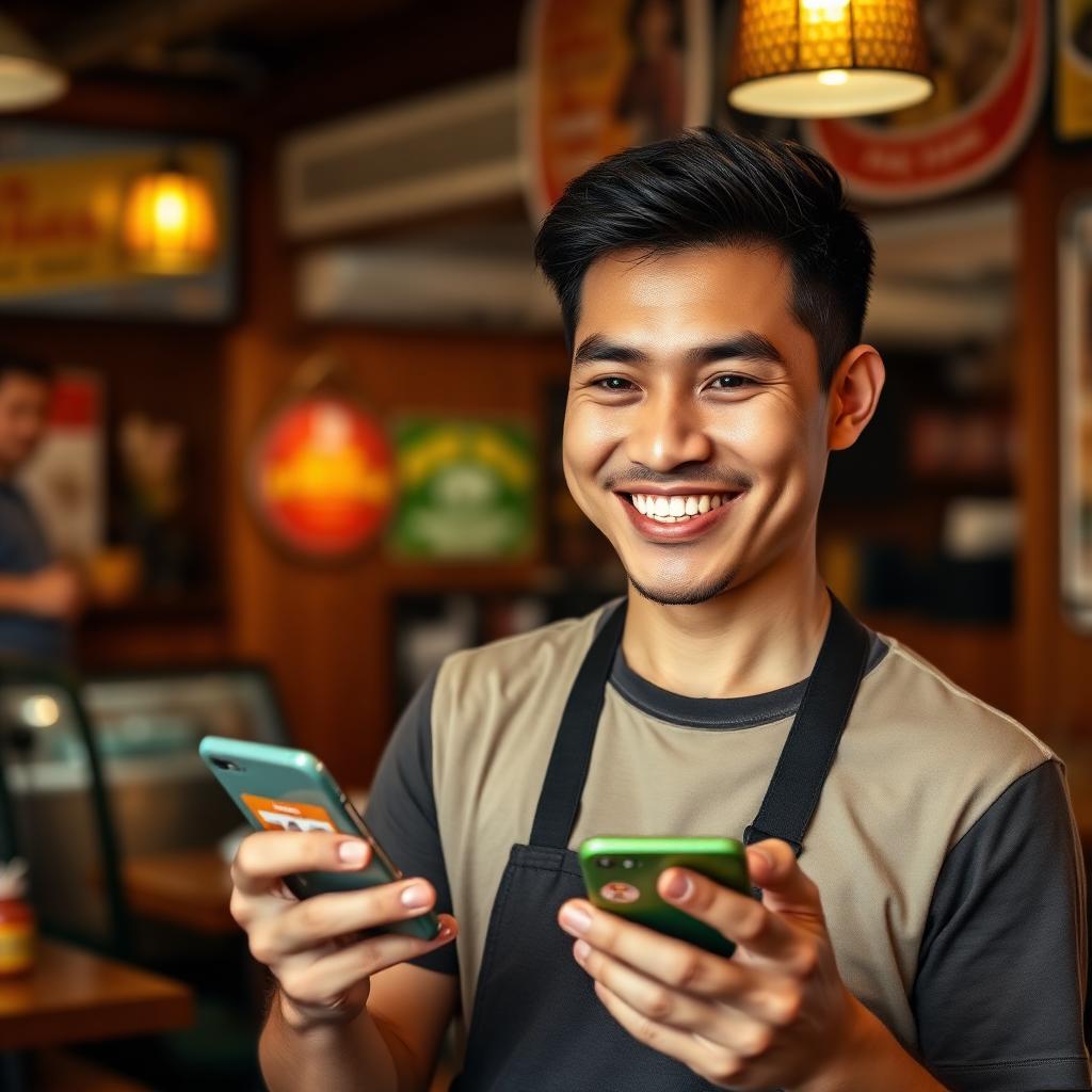 Owner F&B senyum tengok phone dengan senarai contact customer bertambah