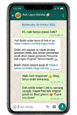 Seller reply dengan link order Tebus — customer settle order sendiri dan dapat reward