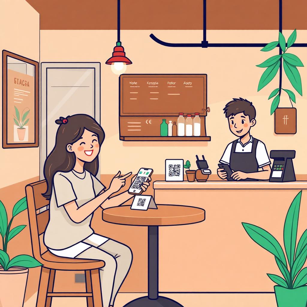 Customer scan QR code di meja kedai sambil staff senyum