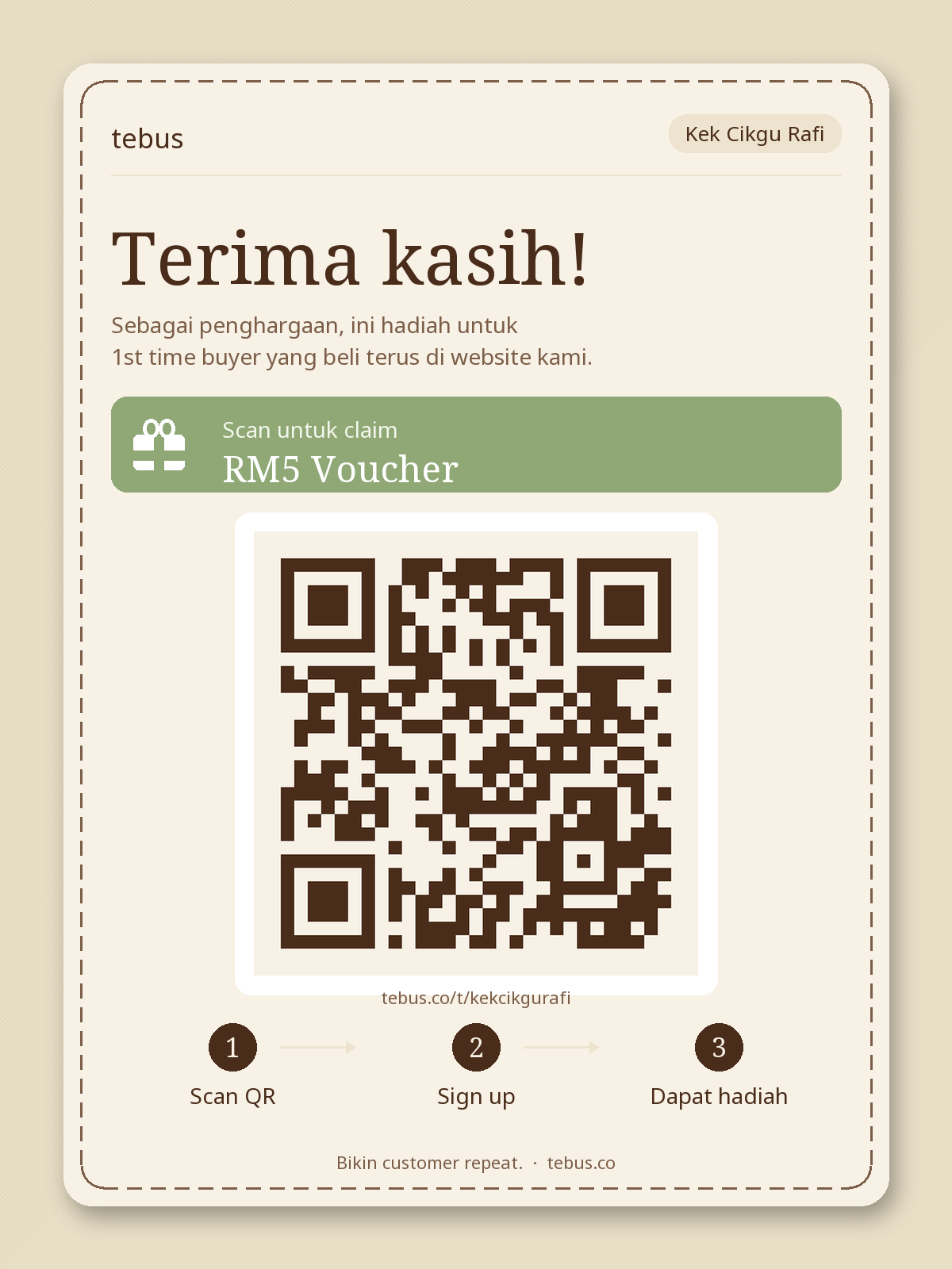 Contoh sticker parcel — QR + reward 1st-time buyer
