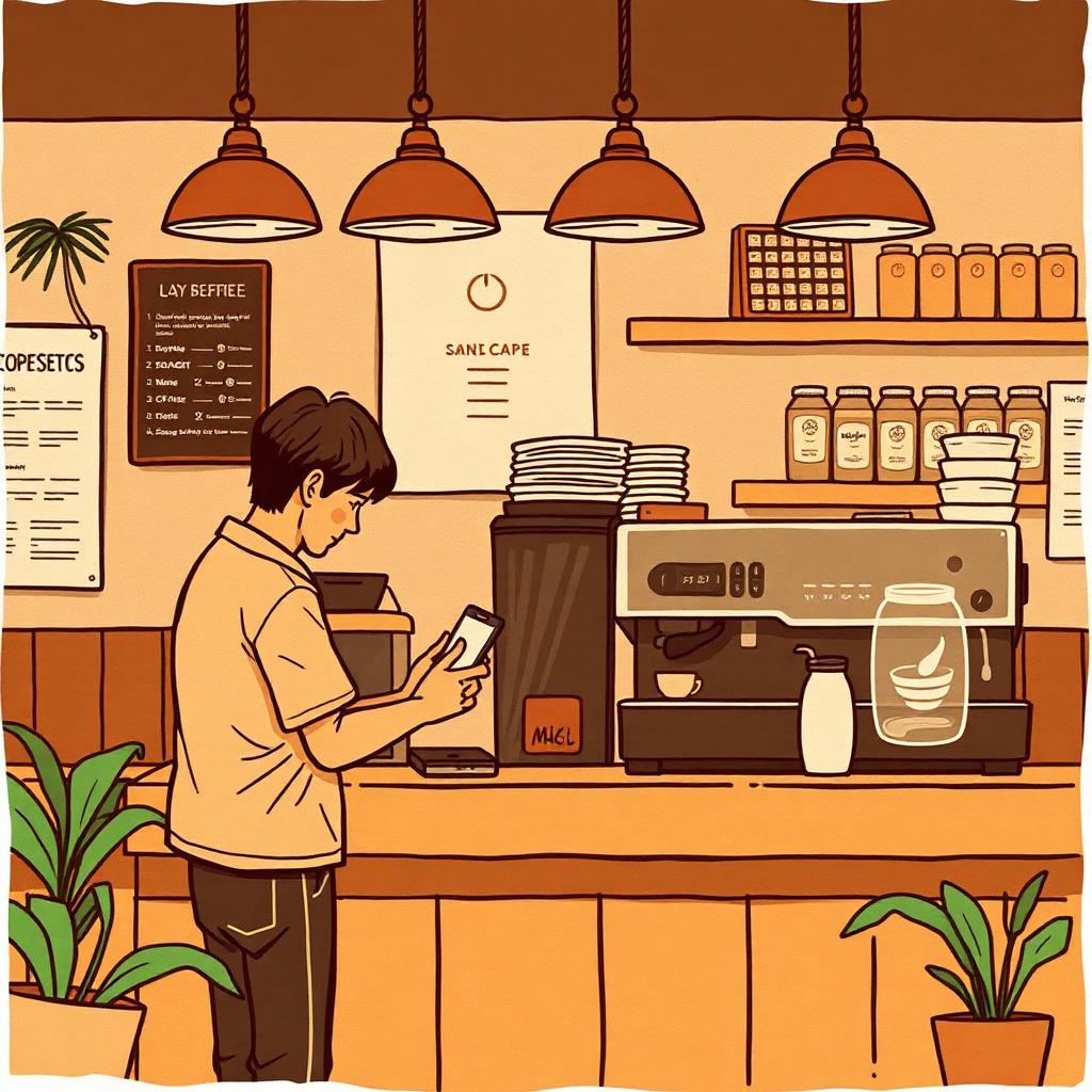 Seller kopi Malaysia sibuk waktu lunch — customer bayar, staff sibuk